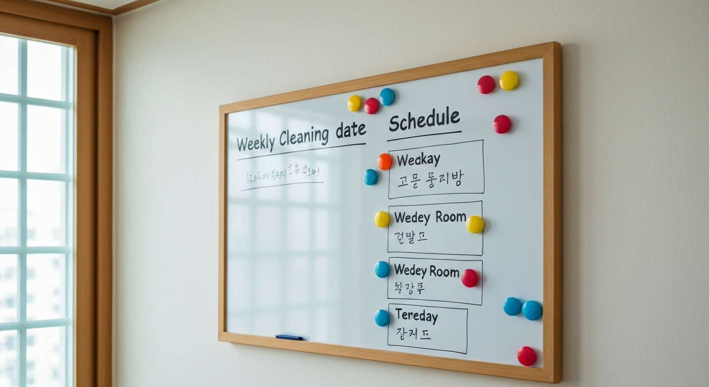 요일별 청소 구역이 표시된 가정용 화이트보드