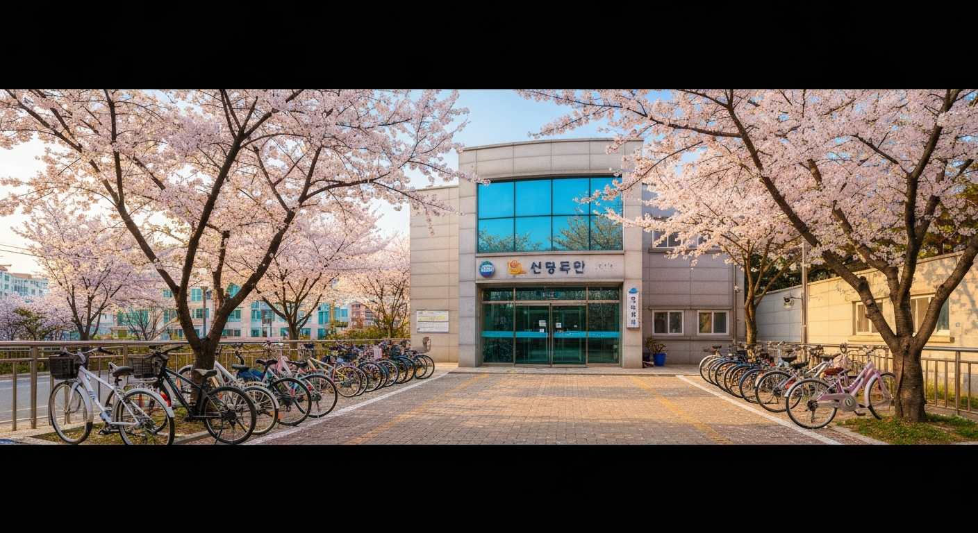 봄날 동네 도서관 외관과 벚꽃 나무 풍경