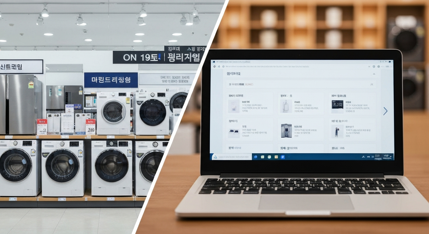 오프라인 가전 매장과 온라인 쇼핑 화면 비교 장면