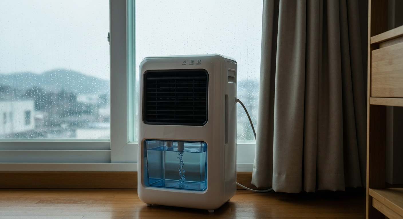 물통이 찬 제습기가 창가 근처 바닥에 놓인 장마철 실내 풍경