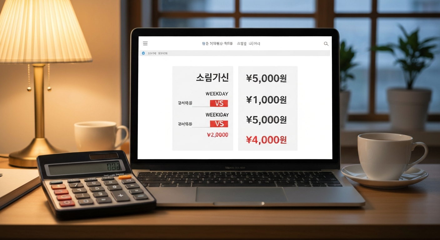 평일과 주말 숙박 가격 차이를 비교하는 노트북 화면과 계산기
