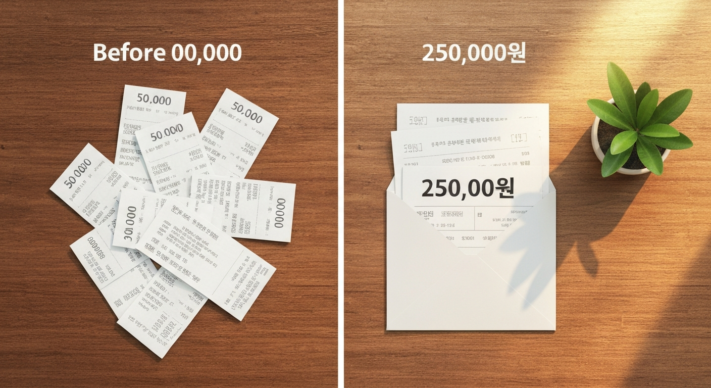 여행 예산 절약 전후 비교를 보여주는 정리된 영수증과 봉투