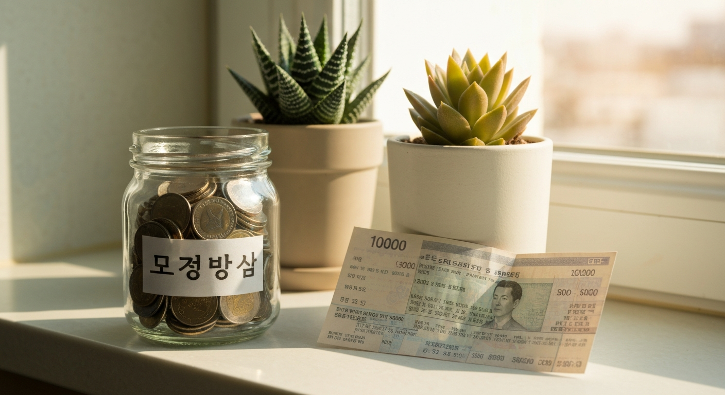 전기세 절약으로 모은 돈이 담긴 저금통과 줄어든 고지서
