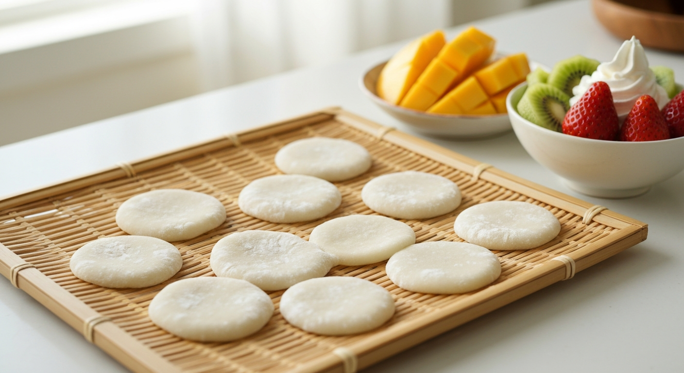 찹쌀 반죽과 신선한 과일들이 놓인 대나무 쟁반