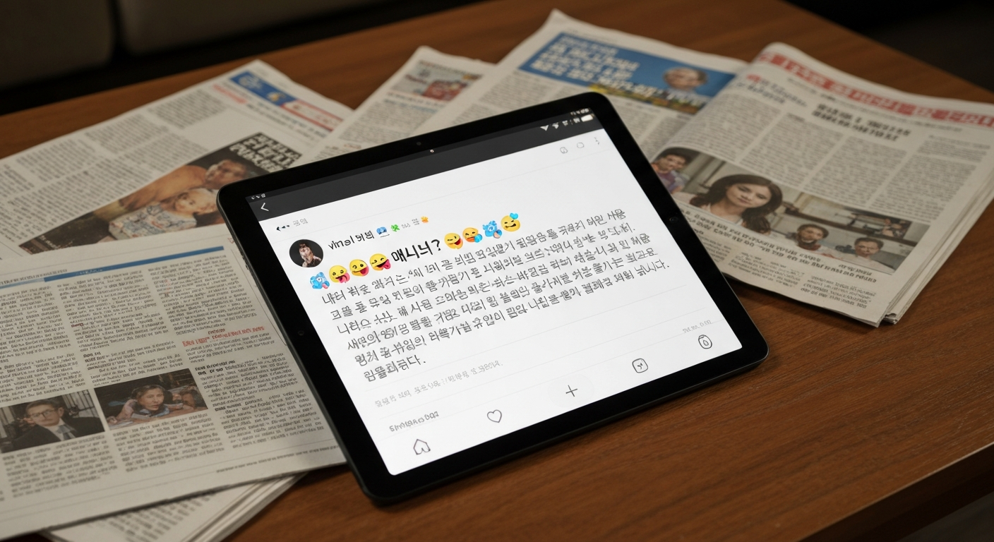 소셜 이슈를 담은 태블릿 화면과 신문이 놓인 거실 풍경