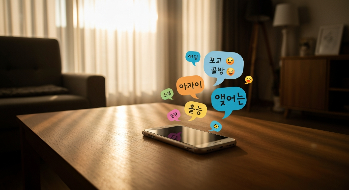 노트에 적힌 신조어와 스마트폰, 따뜻한 차 한 잔이 놓인 책상