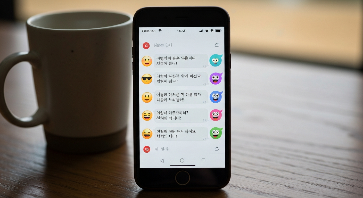 카카오톡 채팅 화면과 따뜻한 차가 놓인 테이블