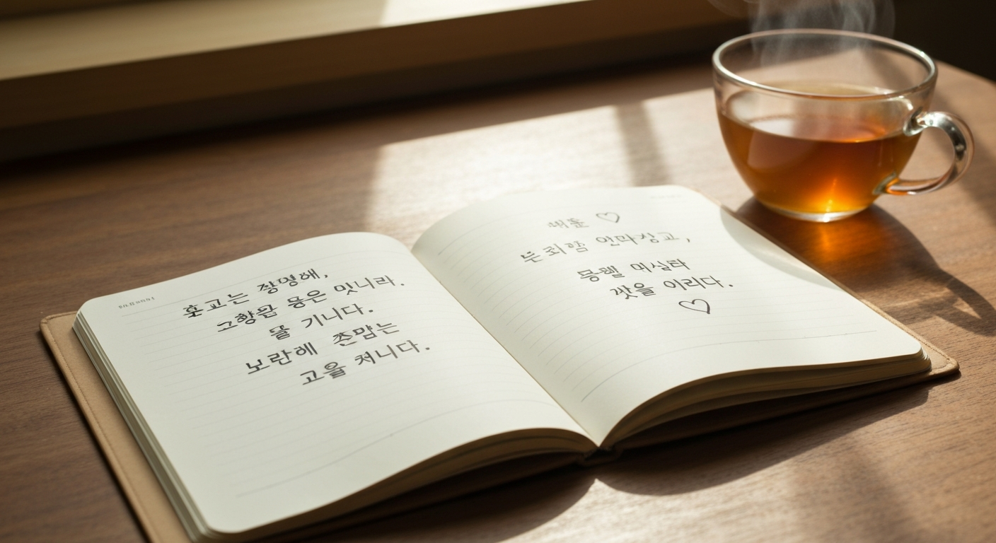 긍정적인 대화 문구가 적힌 노트와 따뜻한 차