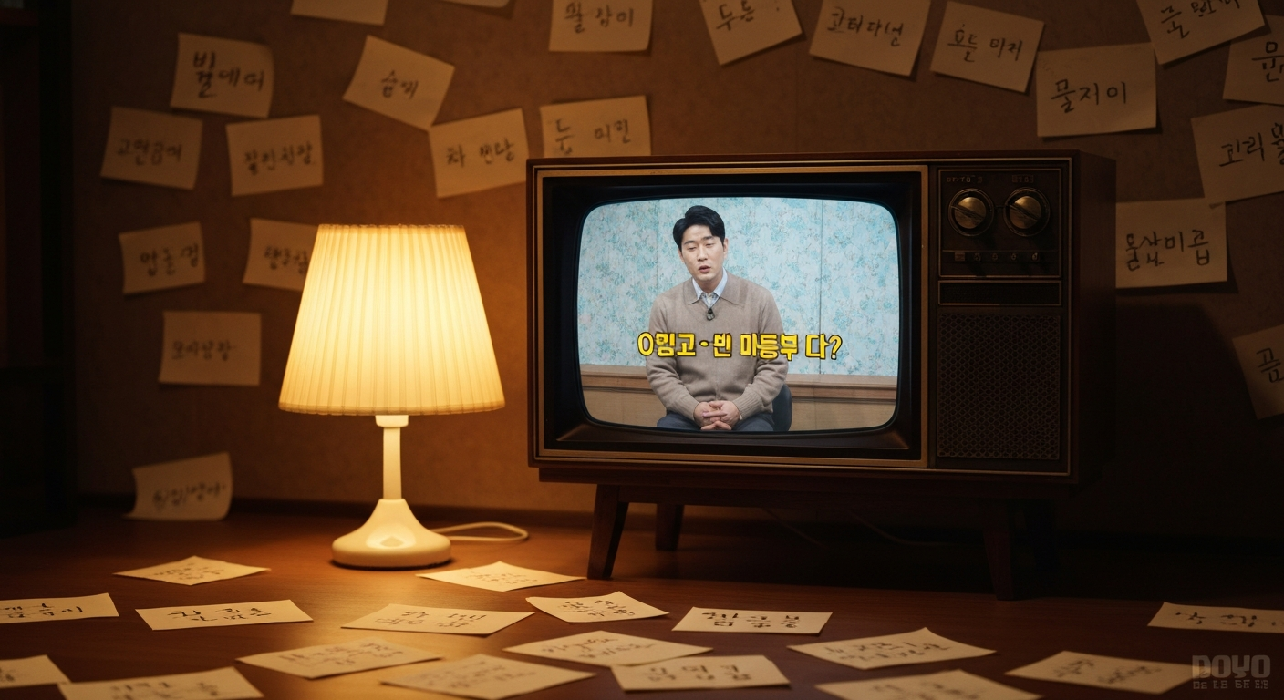 유행어 탄생 배경을 상징하는 빈티지 텔레비전과 메모지들