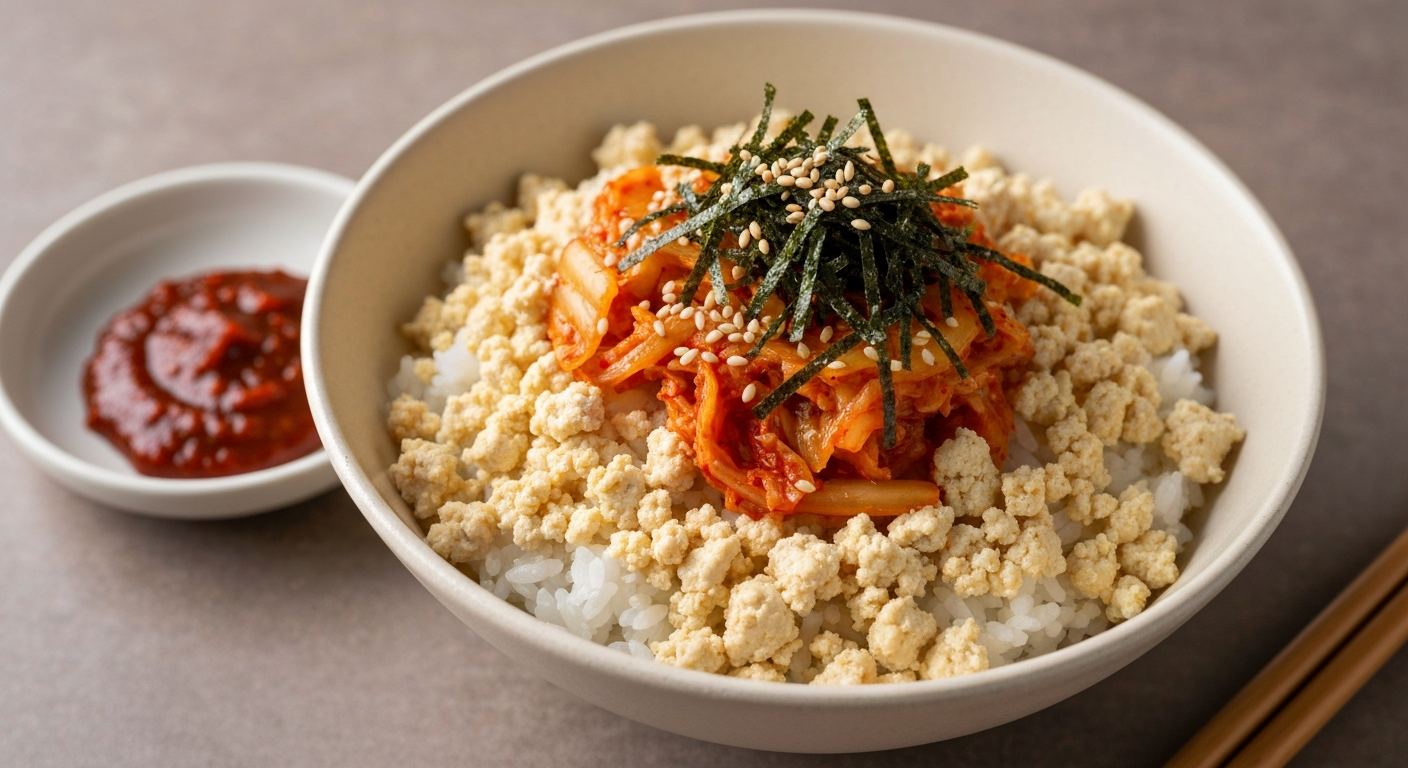 두부 김치 비빔밥과 고추장, 깨소금 김가루 토핑