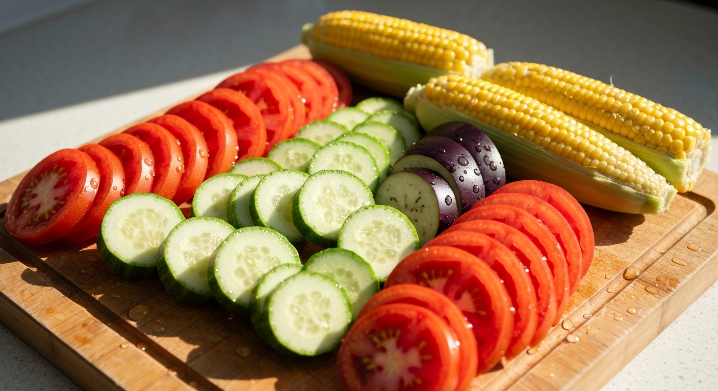 도마 위 여름 채소 — 토마토, 오이, 가지, 옥수수