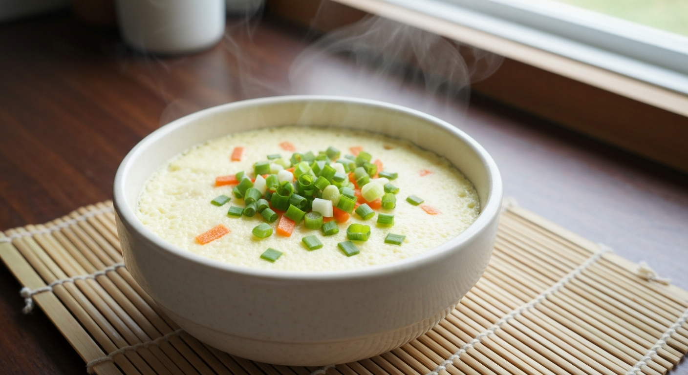 부드럽게 익은 계란찜 그릇과 다진 채소 토핑