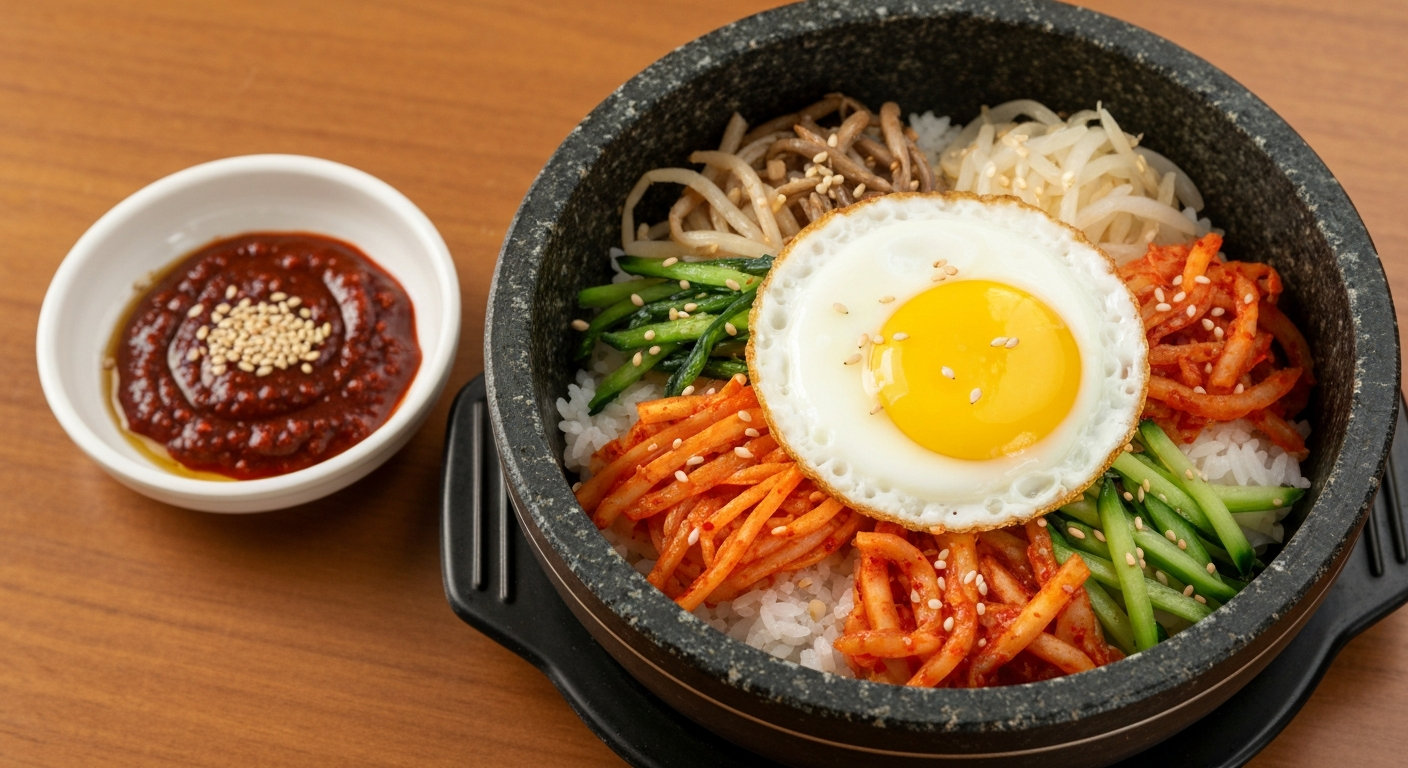 돌솥에 담긴 다채로운 비빔밥과 고추장 곁들임